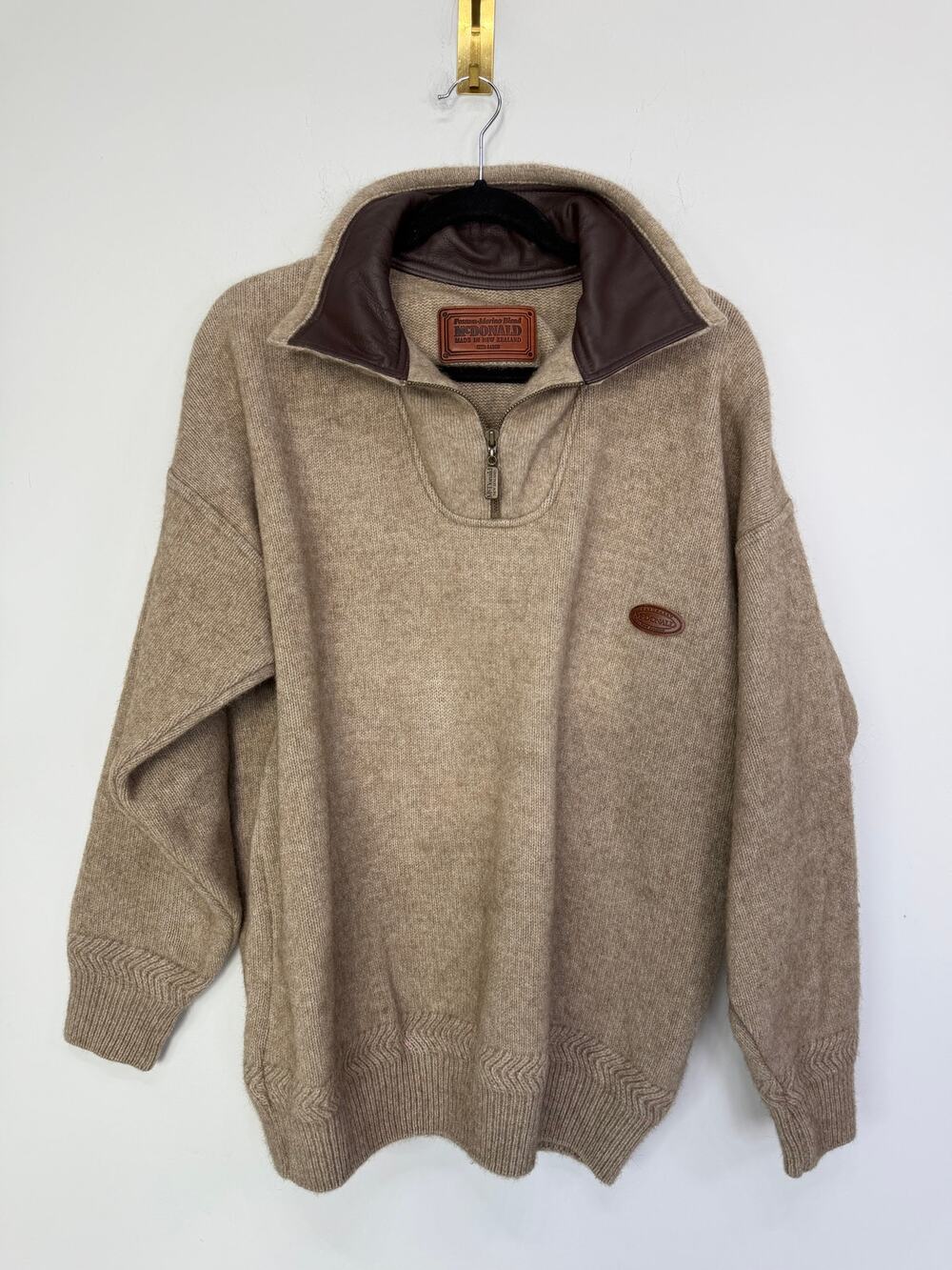 McDonald New Zealand Possum-Merino Blend quarter-zip sweater Size Large Tan - Picture 1 of 6